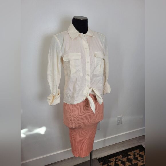 Women's XS Outfit Ribknit Bodycon Dress Linen Button Waist Tie Shirt Pink White - Picture 2 of 14